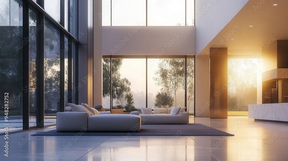 Fototapeta premium A modern home interior design showing a clean, spacious and open living room with large windows and minimalist furniture