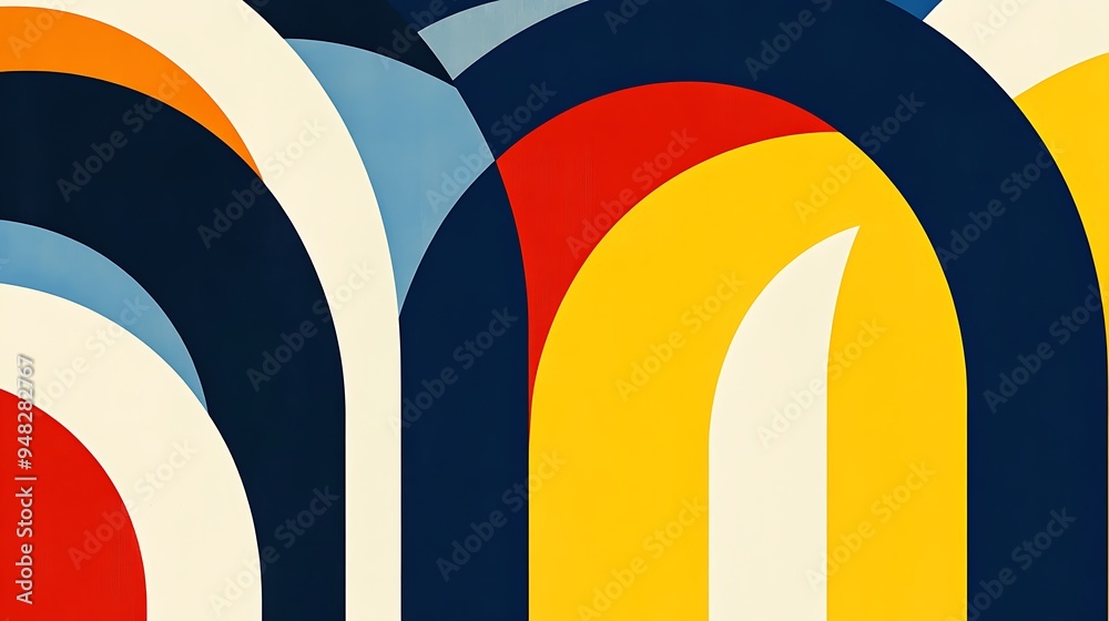 Obraz premium Abstract Curved Pattern of Red, Yellow, Blue, and White Arcs