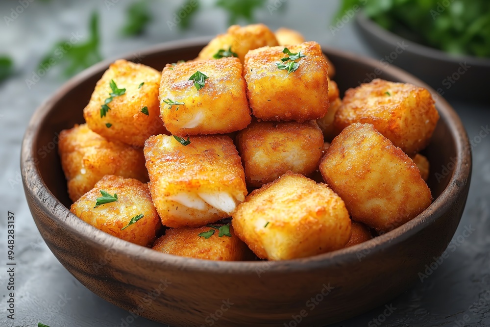 crispy fried fish bites in a wooden bowl, garnished with fresh parsley crispy fried fish bites in a wooden bowl, garnished with fresh parsley