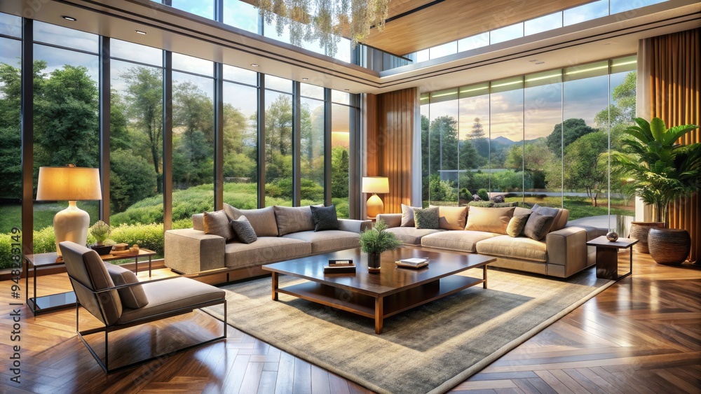Spacious and elegant living room features floor-to-ceiling windows, sleek furniture, and abundant natural light, creating a peaceful and refined ambiance perfect for relaxation. Spacious and elegant living room features floor-to-ceiling windows, sleek furniture, and abundant natural light, creating a peaceful and refined ambiance perfect for relaxation.