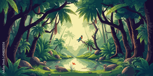 Jungle forest with trees and pond cartoon background, illustration of tropical landscape. Seamless nature jungle cartoon wildlife and green palette landscape background vector illustration