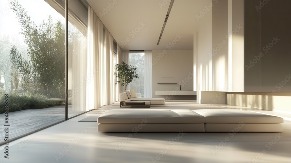 Fototapeta premium A modern home interior design showing a clean, spacious and open living room with large windows and minimalist furniture