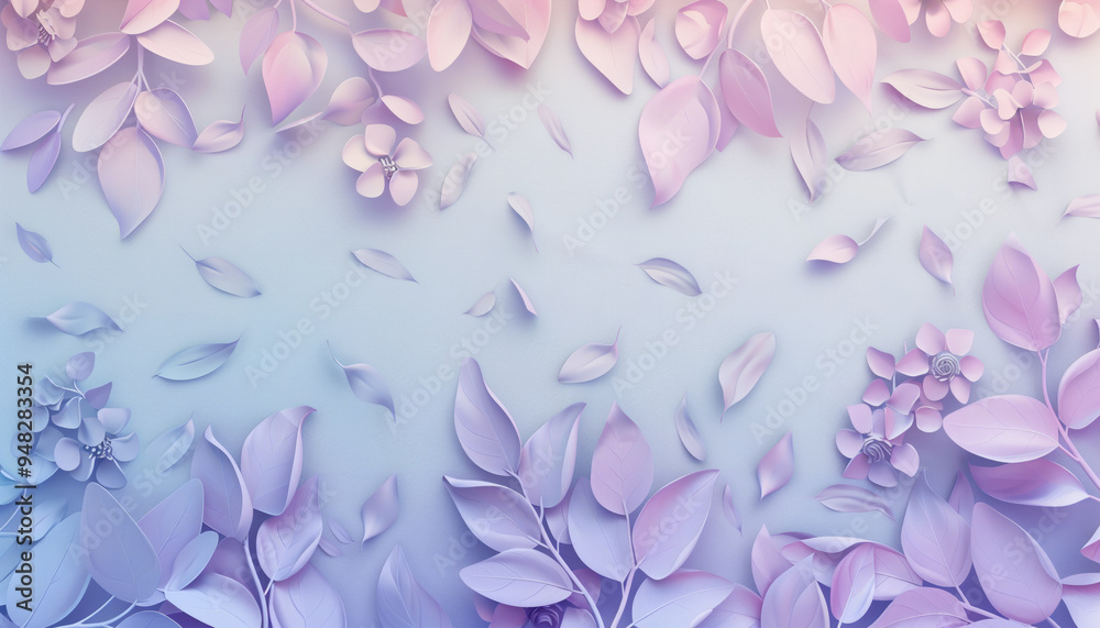 Delicate pastel-themed paper art of flowers and leaves on textured background.