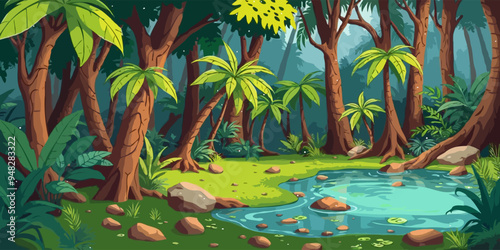 Jungle forest with trees and pond cartoon background, illustration of tropical landscape. Seamless nature jungle cartoon wildlife and green palette landscape background vector illustration