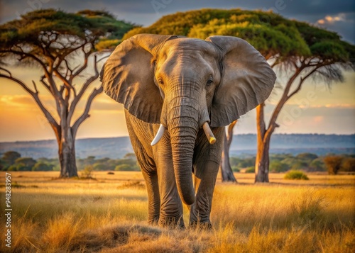 Majestic African elephant stands tall in savannah landscape, wrinkled gray skin glistening in warm sunlight, tusks and trunk prominent, with blurred acacia trees behind.