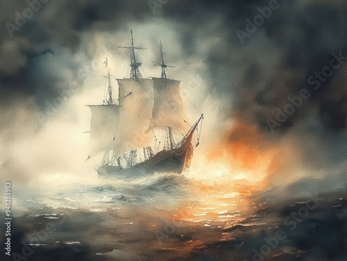 A dramatic sailing ship emerges through fog, surrounded by flames on the sea, capturing a moment of adventure and mystery.