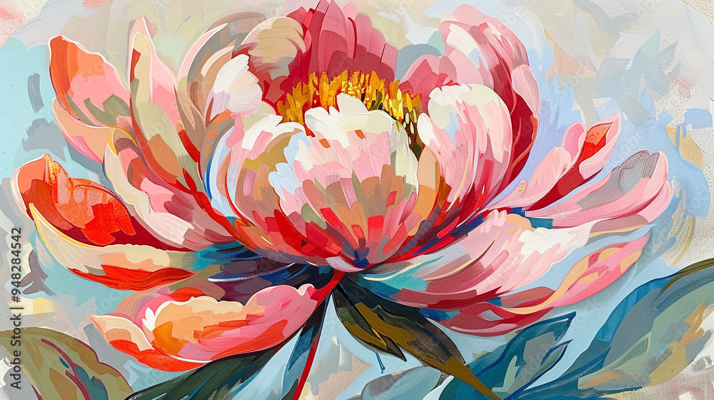 A gouache painting of a peony, with bold, opaque layers of paint creating a vibrant, matte finish. A gouache painting of a peony, with bold, opaque layers of paint creating a vibrant, matte finish.