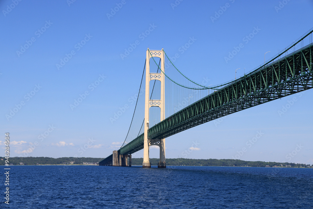 The Mackinac Bridge is a suspension bridge that connects the Upper and Lower peninsulas of the U.S. state of Michigan. It spans the Straits of Mackinac. The Mackinac Bridge is a suspension bridge that connects the Upper and Lower peninsulas of the U.S. state of Michigan. It spans the Straits of Mackinac.