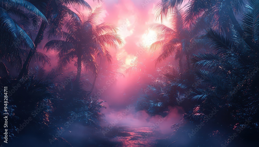 A neon-lit jungle scene with vibrant pink and blue lights, creating an otherworldly atmosphere with palm leaves swaying in the misty air. A neon-lit jungle scene with vibrant pink and blue lights, creating an otherworldly atmosphere with palm leaves swaying in the misty air.