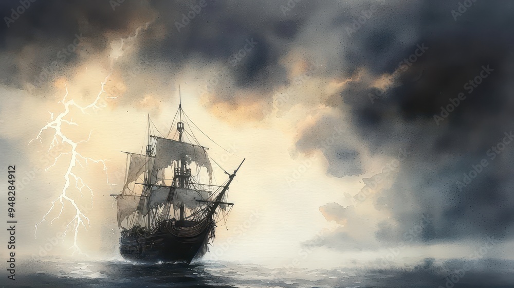 A dramatic scene featuring a ship braving a fierce storm, illuminated by lightning, embodying adventure and resilience at sea. A dramatic scene featuring a ship braving a fierce storm, illuminated by lightning, embodying adventure and resilience at sea.