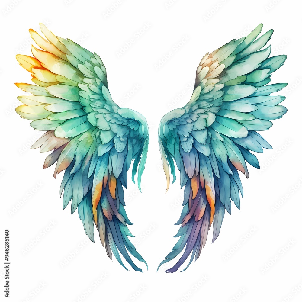 A vibrant watercolor illustration of symmetrical wings with a blend of multiple colors. A vibrant watercolor illustration of symmetrical wings with a blend of multiple colors.