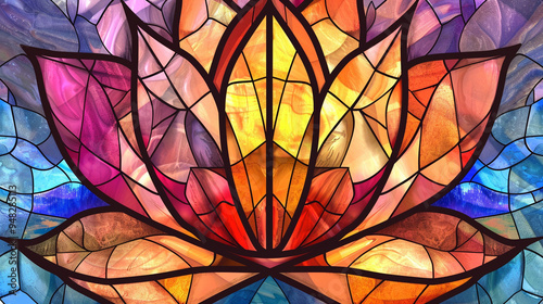 A stained glass design of a lotus flower, with bright, translucent colors and geometric lines.