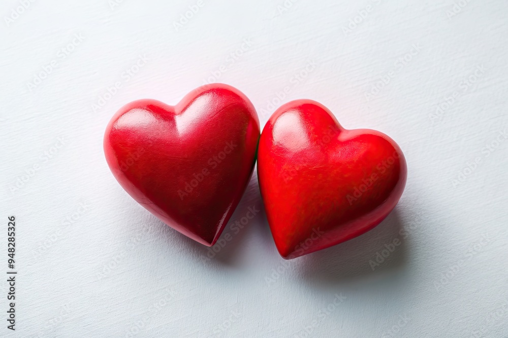 A serene and minimalist composition featuring two vibrant red hearts against a light white backdrop, ideal for conveying messages of love and romance. A serene and minimalist composition featuring two vibrant red hearts against a light white backdrop, ideal for conveying messages of love and romance.