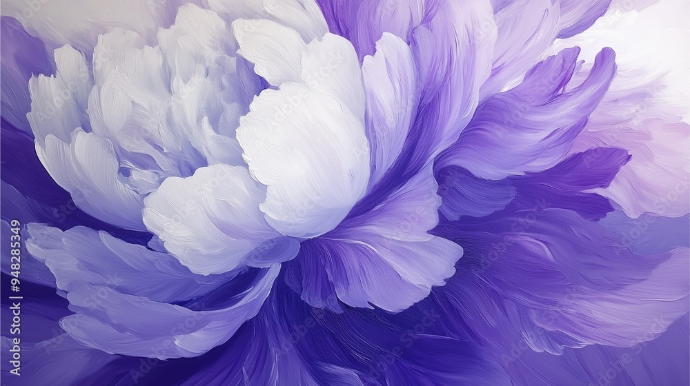 Abstract close-up of white and purple peonies in oil painting. Abstract close-up of white and purple peonies in oil painting.