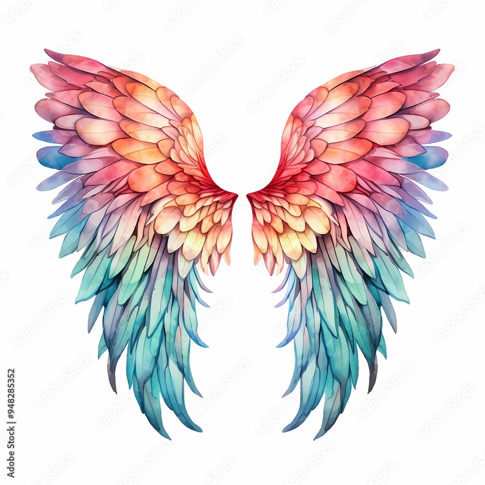 A vibrant watercolor illustration of symmetrical wings with a blend of multiple colors. A vibrant watercolor illustration of symmetrical wings with a blend of multiple colors.