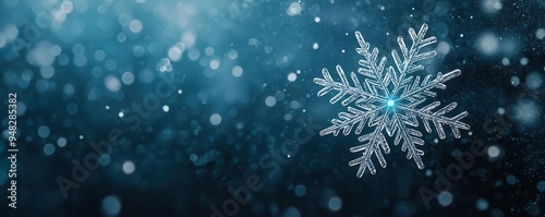 A microscopic view of snowflakes with intricate patterns, glowing under a neon blue holographic light, in a detailed, photorealistic style