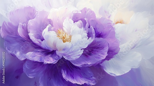 Fototapeta Naklejka Na Ścianę i Meble -  Oil painting of vibrant purple and white peonies with soft, flowing petals.