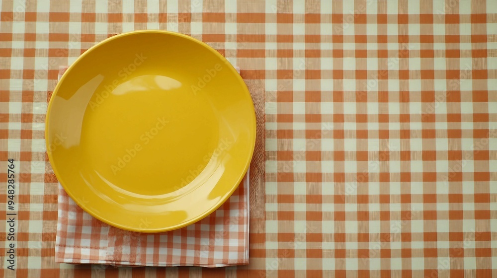 Vibrant Top View of Empty Round White Plate on Colorful Background for Food Presentation. Mockup Plate on Napkin for Custom Designs. Vibrant Top View of Empty Round White Plate on Colorful Background for Food Presentation. Mockup Plate on Napkin for Custom Designs.
