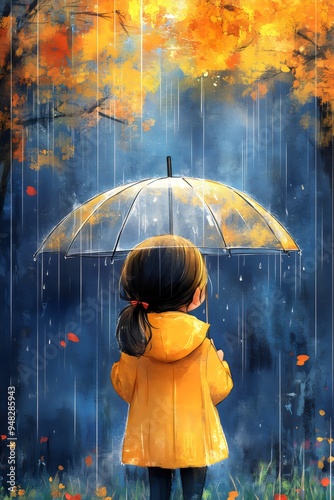 Rear view of cute little girl holding a transparent umbrella with a yellow raincoat in the rain at night, cartoon illustration. Generative AI
