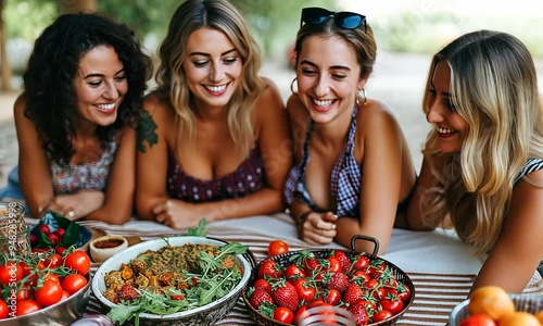 In a vibrant setting, four friends gather around a table filled with a variety of fresh fruits and delectable dishes, sharing laughter and delightful moments