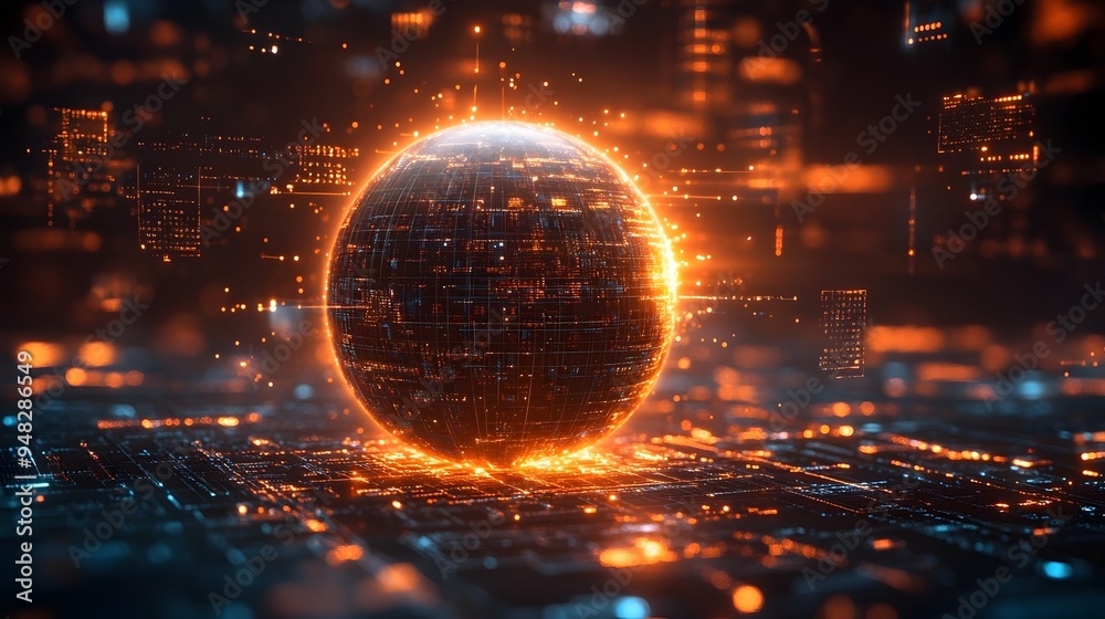 Obraz premium Glowing Orb of Technological Innovation Surrounded by Floating Math Formulas