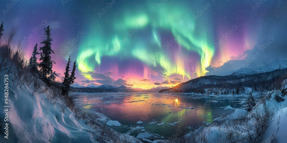 Fototapeta premium A panoramic view of the Northern Lights over an Alaskan landscape, with vibrant green and purple lights dancing in the sky above snow-covered trees 