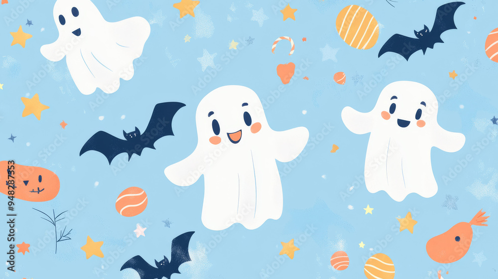 Adorable pastel Halloween card with friendly ghosts and bats, surrounded by stars and candy, on a soft pastel blue background. Adorable pastel Halloween card with friendly ghosts and bats, surrounded by stars and candy, on a soft pastel blue background.