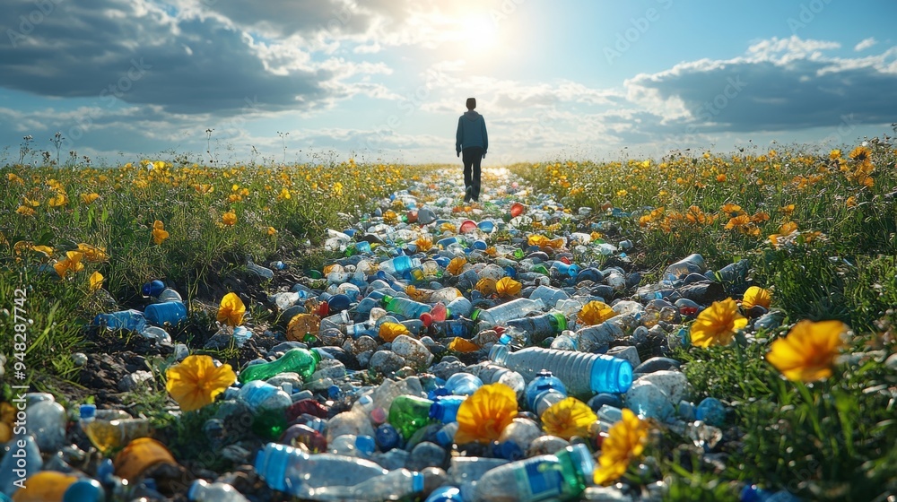 Fototapeta premium Man walking through a field covered in plastic waste and wildflowers, emphasizing environmental pollution and conservation issues