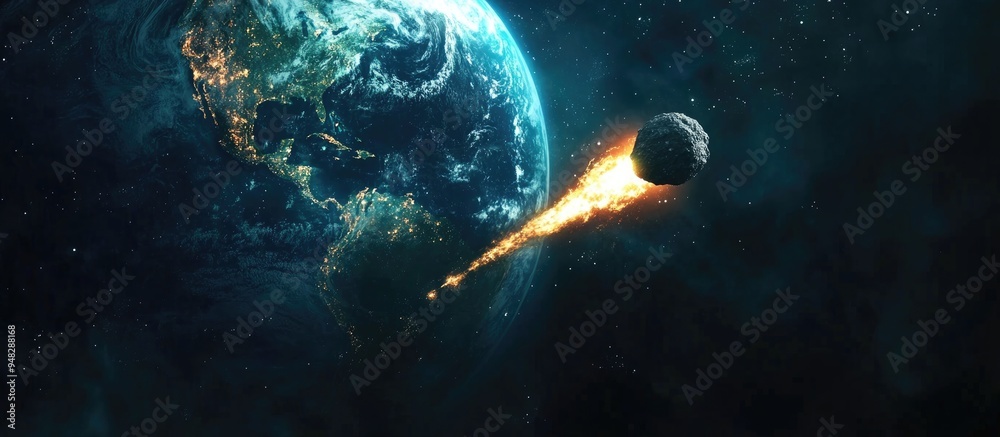 3D cartoon representation of a glowing asteroid and a tail of a falling comet approaching planet Earth depicting a threatening scenario The theme evokes the concept of apocalypse armageddon and doo 3D cartoon representation of a glowing asteroid and a tail of a falling comet approaching planet Earth depicting a threatening scenario The theme evokes the concept of apocalypse armageddon and doo