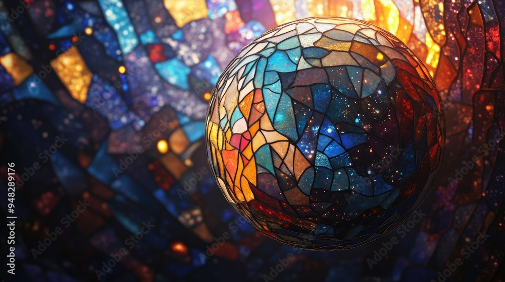 Obraz premium Stylized planet designed in a mosaic style within the Stained Glass Forever series showcasing themes of science education astronomy and nature in 3D cartoon rendering