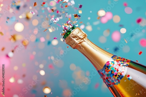 Colorful confetti bursts from a champagne bottle against a vibrant blue and pink background during a celebration photo