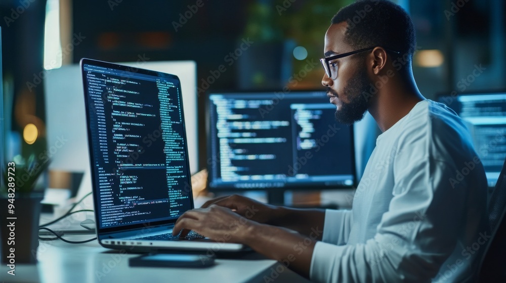 Black software developer coding at night on laptop in modern tech workspace