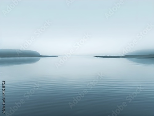 Calm, misty waters at dawn reflect the serene landscape of a tranquil lake surrounded by distant hills in early morning light