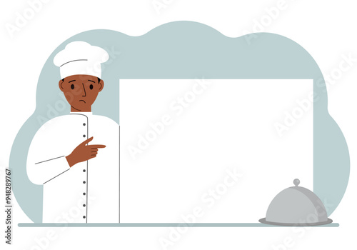 A male cook in uniform and a cap holds a large sheet of paper. Concept for menu, recipe book, blank cookbook or records. Vector flat illustration