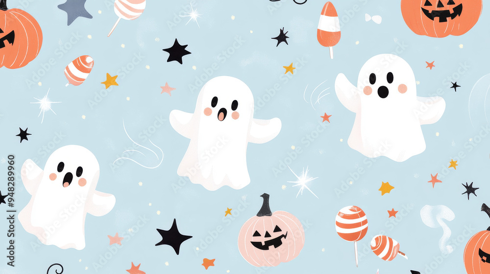 Adorable Halloween card featuring cute ghosts and candy, on a soft pastel blue backdrop with stars and pumpkins. Adorable Halloween card featuring cute ghosts and candy, on a soft pastel blue backdrop with stars and pumpkins.