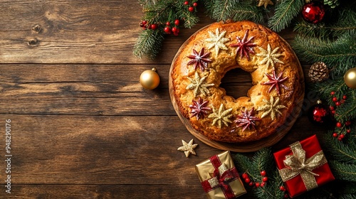 Authentic Roscon de Reyes Epiphany Cake with Crown on Wooden Table - Close-up Top View for Festive Celebration photo