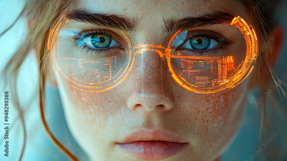 Portrait of a futuristic android woman with advanced technology data overlay Portrait of a futuristic android woman with advanced technology data overlay