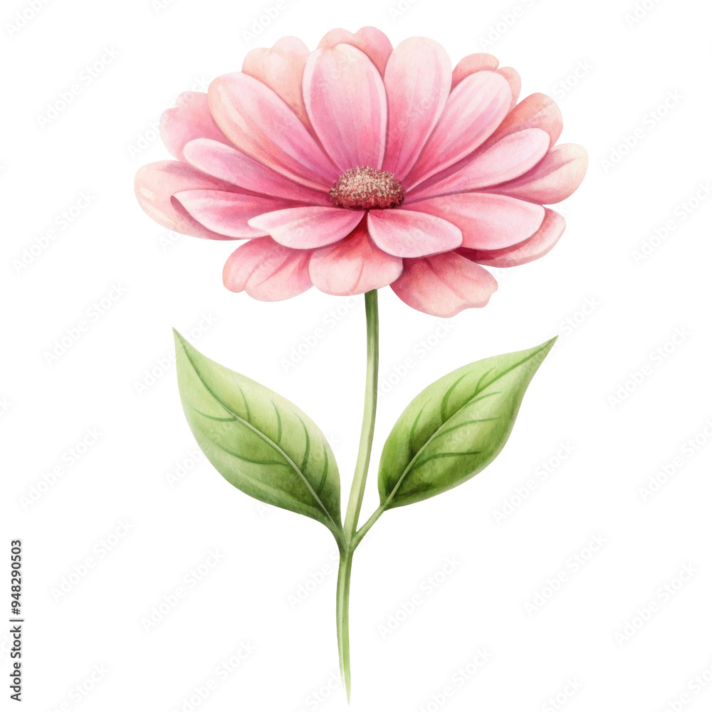 Pink watercolor flower with green leaves, elegantly painted to showcase delicate details and soft colors. Isolated on transparent background, png. Pink watercolor flower with green leaves, elegantly painted to showcase delicate details and soft colors. Isolated on transparent background, png.