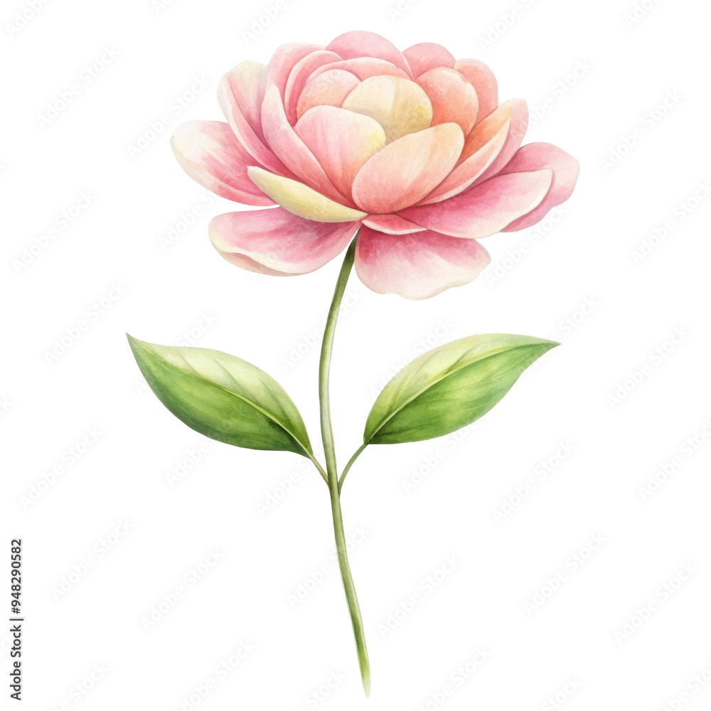 Beautiful watercolor illustration of a pink flower in full bloom, accompanied by green leaves and a long stem. Flower is depicted with soft, layered petals. Isolated on transparent background, png. Beautiful watercolor illustration of a pink flower in full bloom, accompanied by green leaves and a long stem. Flower is depicted with soft, layered petals. Isolated on transparent background, png.