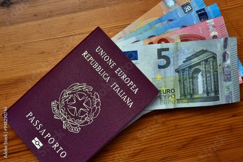 italian passport with more than 100 euros, concept of passport costs in Europe photo