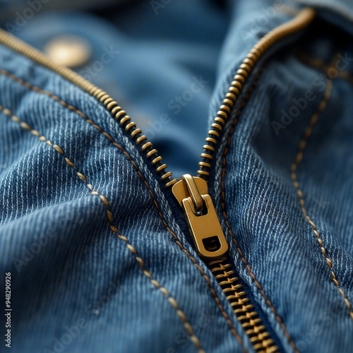 Close up of zipper on blue denim jeans showing detail photo