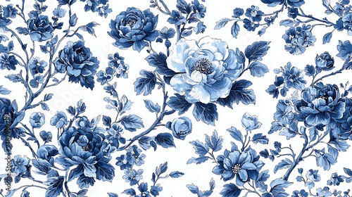 A seamless blue floral pattern painted in watercolor, soft and elegant.