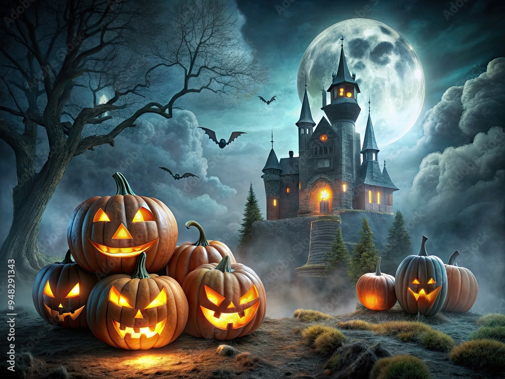 Naklejka premium Ominous Halloween scene featuring eerie pumpkins, ghostly apparitions, and a haunted castle set against a dark, mysterious, and spooky black backdrop.