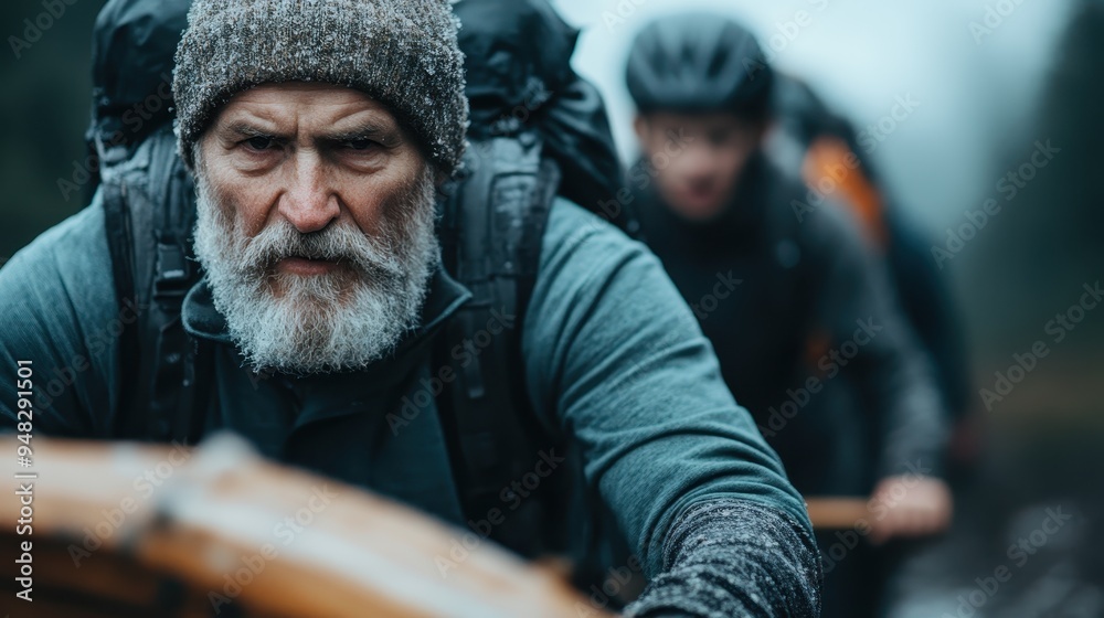 An older man with a gray beard wearing a knit hat and backpack is seen hiking in a misty forest, leading a group with a determined and focused expression. An older man with a gray beard wearing a knit hat and backpack is seen hiking in a misty forest, leading a group with a determined and focused expression.
