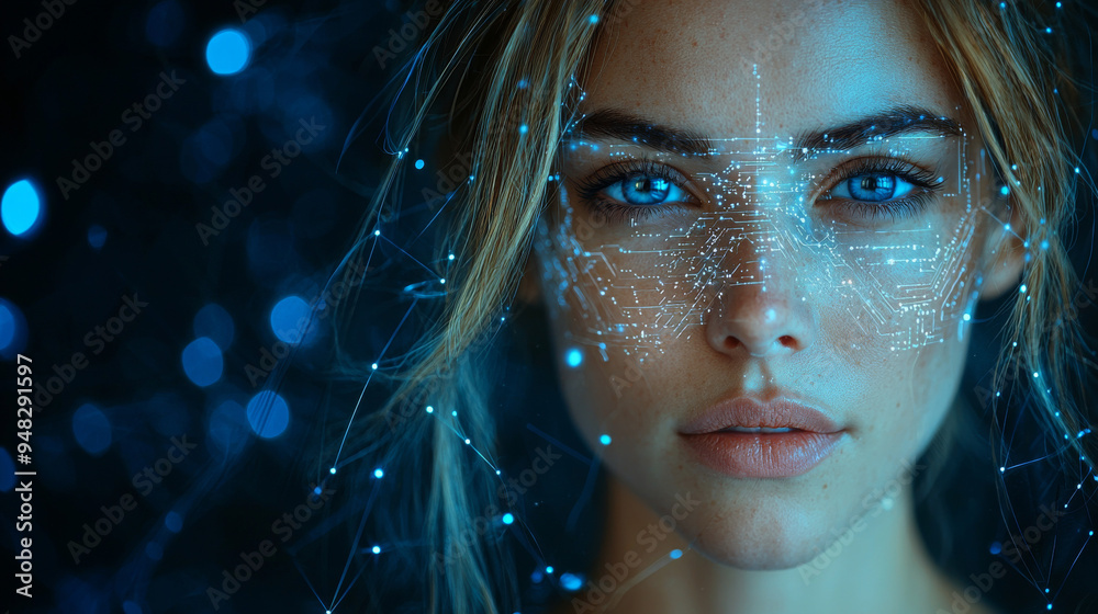 Portrait of a futuristic android woman with advanced technology data overlay Portrait of a futuristic android woman with advanced technology data overlay