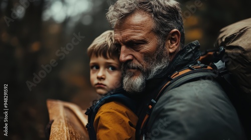 An elderly man with a gray beard and knit hat bonding with a young boy, both in outdoor gear, the man carrying a wooden item while trekking through a forest with a tender expression.