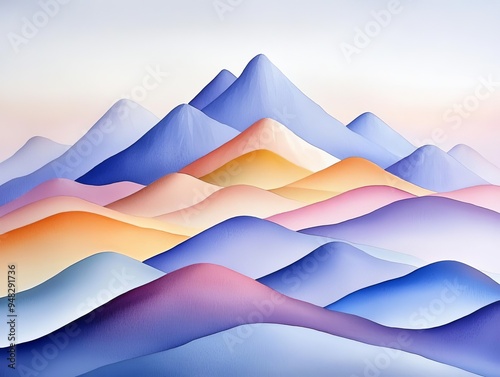 Mountain range, pastel peaks and valleys, serene vista, watercolor style