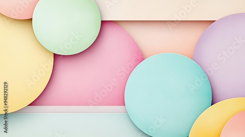 Geometric shapes, pastel gradients, overlapping patterns, watercolor style