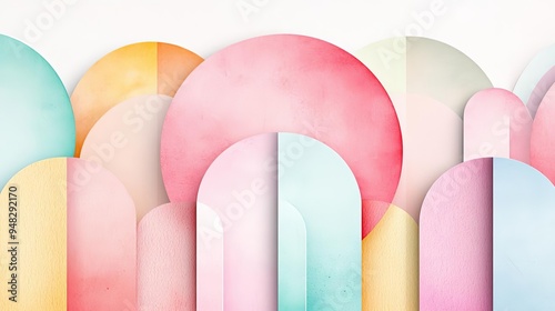 Geometric shapes, pastel gradients, overlapping patterns, watercolor style