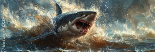 Intense depiction of a great white shark mid-attack, jaws wide open in a turbulent ocean scene.